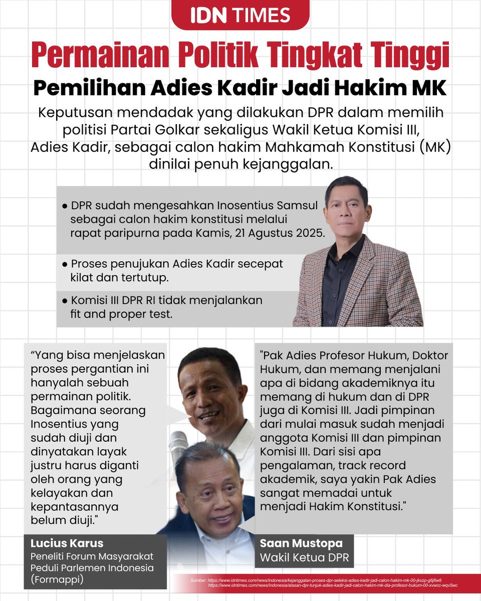 Keputusan mendadak yang dilakukan DPR dalam memilih politisi Partai Golkar, Adies Kadir, sebagai calon hakim Mahkamah Konstitusi (MK) dinilai penuh kejanggalan. Sebab, DPR sebenarnya sudah mengesahkan Inosentius Samsul sebagai calon hakim konstitusi melalui rapat paripurna pada