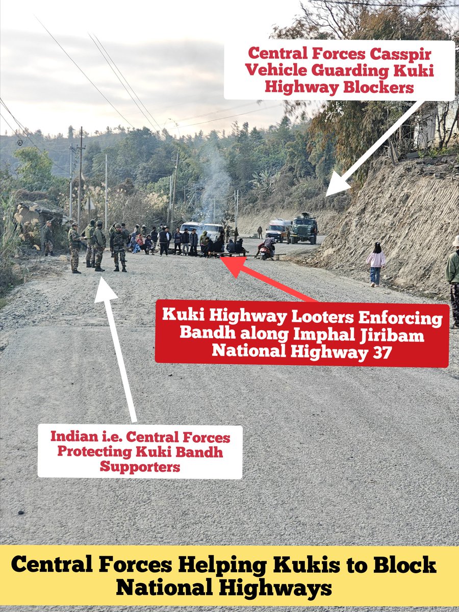 Unfortunate #India - #CentralForces Sided With #Kukis?

A still photo is doing round in social media where #Kuki #IllegalImmigrants are blocking NH 37 along #ImphalJiribam road. In it, <a href="/adgpi/">ADG PI - INDIAN ARMY</a> <a href="/crpfindia/">🇮🇳CRPF🇮🇳</a> are seen protecting the road blockers

<a href="/BhallaAjay26/">Ajay Bhalla</a> <a href="/AmitShah/">Amit Shah</a> <a href="/PMOIndia/">PMO India</a> <a href="/ANI/">ANI</a>