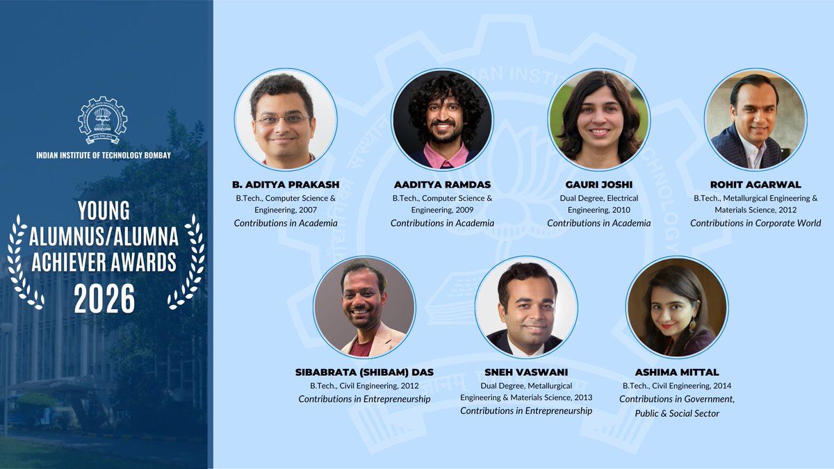 iitbombay's tweet photo. IIT Bombay is proud to announce the Young Alumnus/ Alumna Achiever Awards (YAAA) 2026, celebrating young alumni under 40 whose remarkable journeys exemplify initiative, leadership, and impact as they shape the future.

Hearty congratulations to the awardees. We look forward to their continued journeys ahead.

#IITBombay #IITBAlumni #YAAA2026 #IITBCommunityImpact