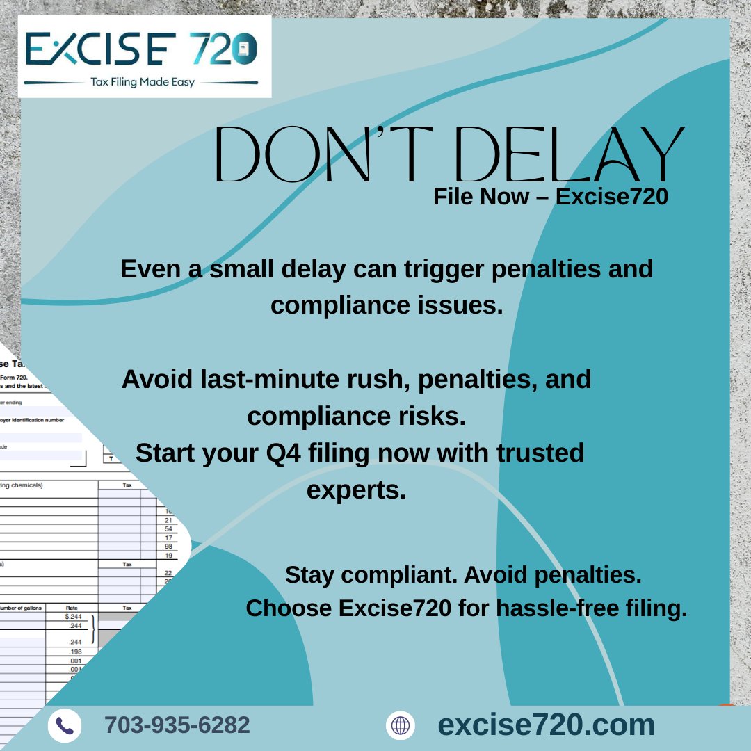 excise720's tweet image. Don’t Delay Your Q4 Excise Filing!
your Q4 Form 720 excise taxes with confidence using Excise720  your trusted partner for fast, accurate, and hassle-free filing.
excise720.com
#DontDelay #Excise720 #Q4Filing #ExciseTax #Form720 #TaxCompliance #FileNow #AvoidPenalties