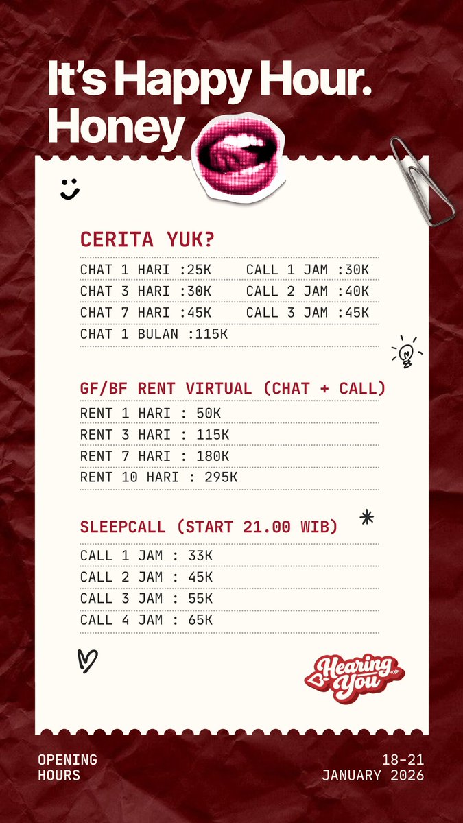 autumnleavest's tweet image. Help repost pleasee?😭🫶 tysm!😙🫶

Yuk @_hearingyou sudah open dan masih ada promo Happy Hour nih!😍
Buat kalian yang butuh temen ngobrol, curhat, chat, call, gf rent, bf rent sampai mabar, langsung aja pakai jasa kami!

Feel free to ask! 
Klik link di bio~

#zonauang #zonajajan