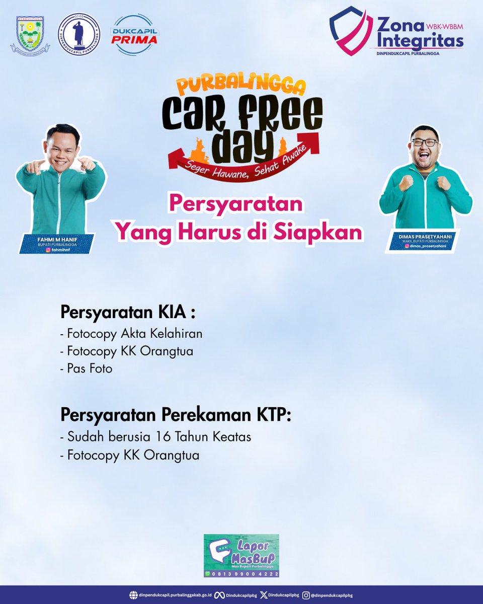 Pelayanan Car Free Day — Minggu, 1 Feb 2026 (06.00–09.00) 
• Lokasi: Alun‑Alun Purbalingga
• Bawa FC KK untuk perekaman 🪪
• Pakai jersey King MU 👑🔴
• Abadikan momen dengan senyum maksimal 📸😁

#Dukcapil #DukcapilPurbalingga #PemkabPurbalingga #Purbalingga #CFDPurbalingga