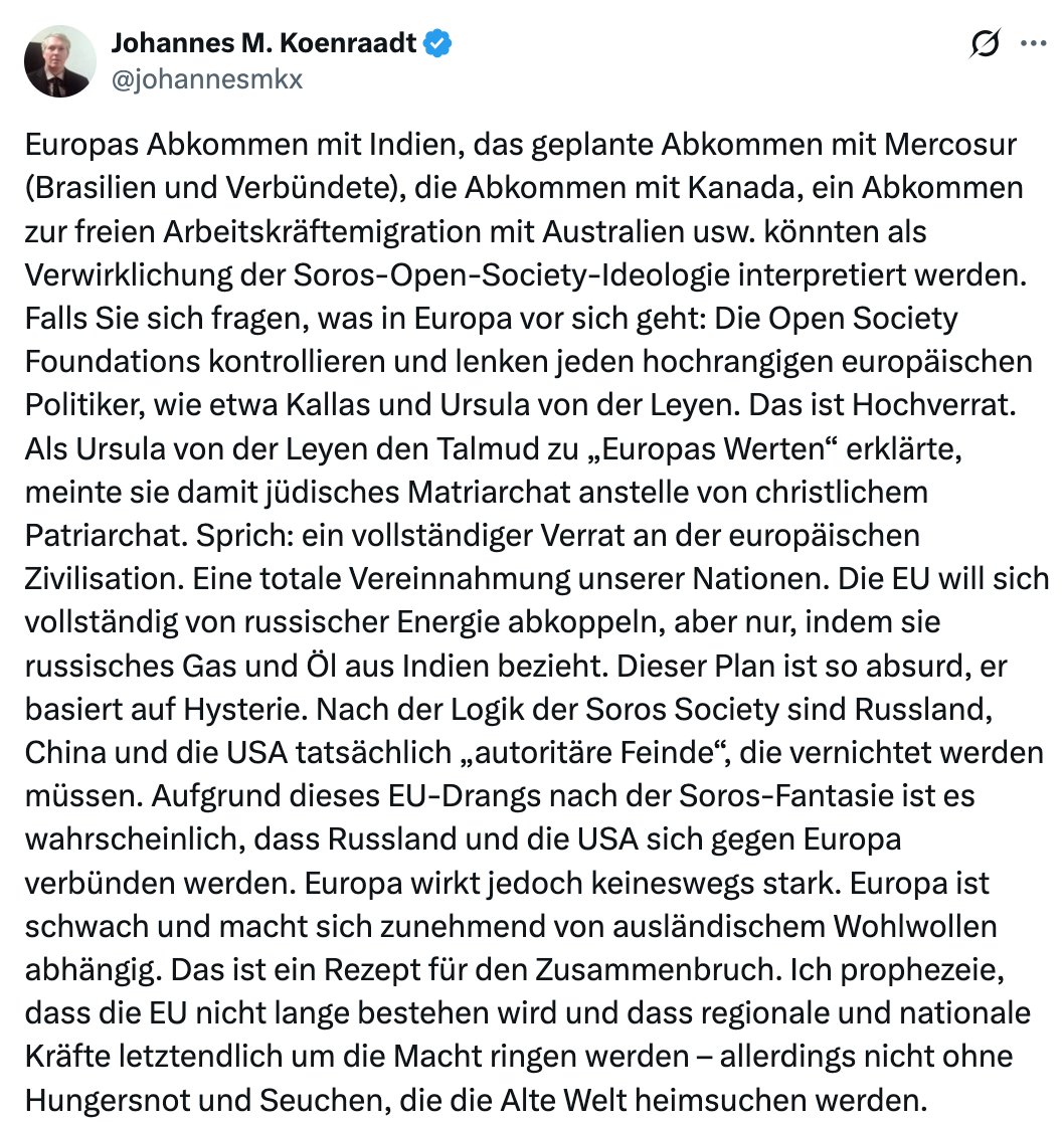 Von der Leyen betreibt den Untergang und die komplett Vernichtung Europas 🇪🇺 im Eiltempo,

Merz unterstützt wo er nur kann.

Wer jetzt noch die Altparteien wählt, ist verrückt.

51 % für die AfD 💙