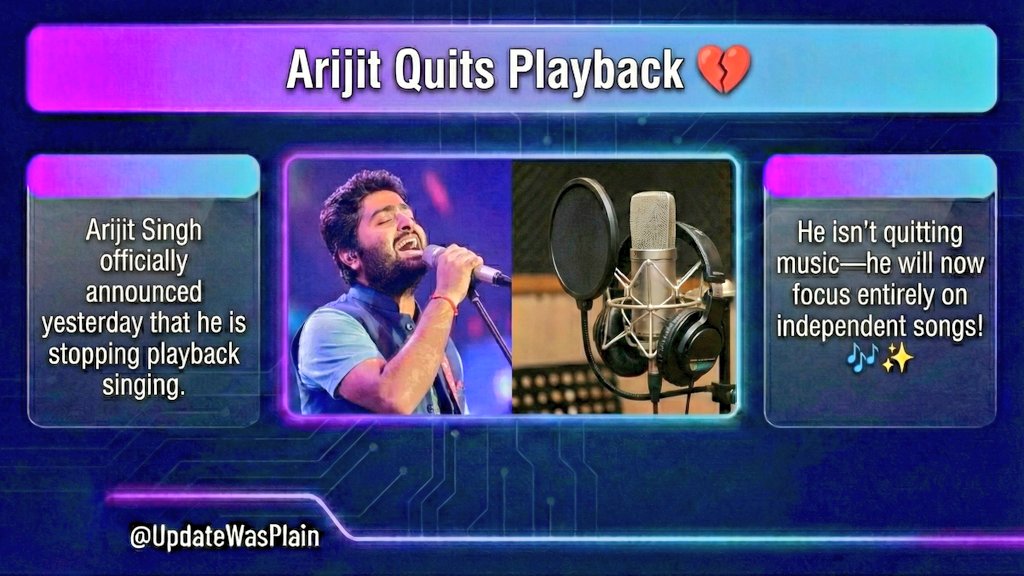 UpdateWasPlain's tweet image. 🚨Arijit Quits Playback 💔

Arijit Singh officially announced that he is stopping playback singing.

He isn't quitting music, he will now focus entirely on independent songs! 🎶✨

#arijitsingh #india