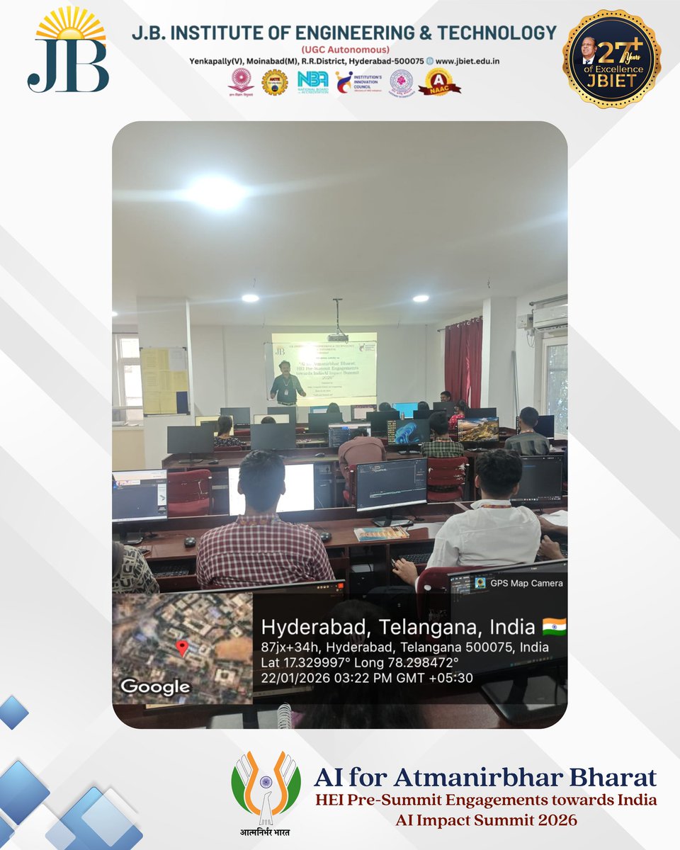 JBIETUpdates's tweet photo. Responsible AI is the foundation of a self-reliant future 🇮🇳🤖

A MIC-driven session on Safe &amp; Trusted AI under AI for Atmanirbhar Bharat, leading towards AI Impact Summit 2026.
@mic_gov @EduMinOfIndia @AICTE_INDIA @PMOIndia

 #AtmanirbharBharat #AIImpactSummit2026 #JBIET https://t.co/MxC5OtBF2R