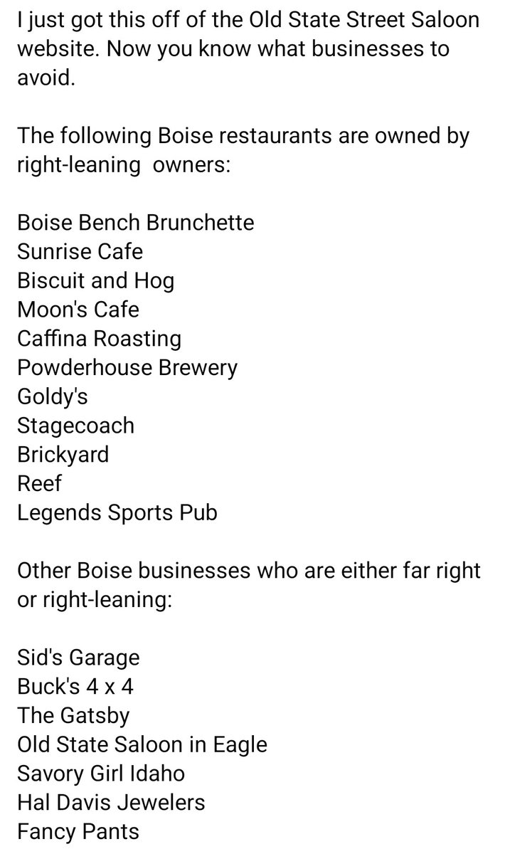 SpoonForIdaho's tweet photo. There are LOTS of good conservative-owned, conservative-friendly businesses in the Boise area, but here's a special list posted *BY THE LIBERALS* on the Idaho 50501 Facebook page. 

Be sure to support these PATRIOT businesses in the Boise area!

👍💪🇺🇸 https://t.co/H2ZigoPGgY
