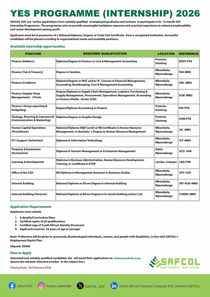 We’re recruiting YES Interns!
Unemployed graduates &amp; artisans with a Diploma, Degree or Trade Test are invited to apply for our 12‑month YES Programme.