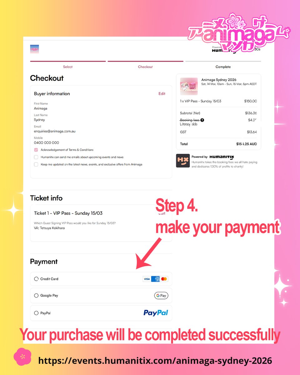 AnimagaExpo's tweet photo. Animaga Sydney 2026 VIP Passes drop this Friday at 20:00 AEDT! ⏰
We have received multiple DMs asking how to purchase the VIP passes, so follow the steps in the picture to secure yours.
Good luck!
https://t.co/oxHIZMEkc4
#AnimagaSydney #VIP #Humanitix https://t.co/bIawhbUUyW