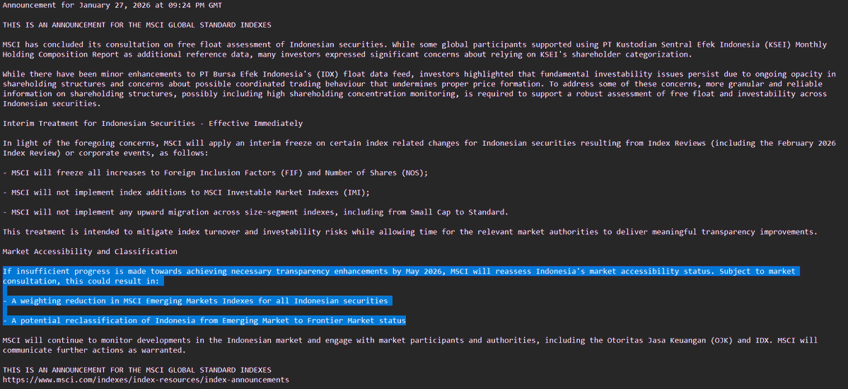 doktermarket's tweet image. Intinya, MSCI meminta transparansi struktur kepemilikan saham di BEI.
Dikasih waktu s.d Mei 2026 buat membenahi.
Kalau pembenahan dianggap kurang memadai, ada risiko pengurangan alokasi saham BEI di MSCI Emerging market, bahkan downgrade ke Frontier Market msci.com/indexes/index-…