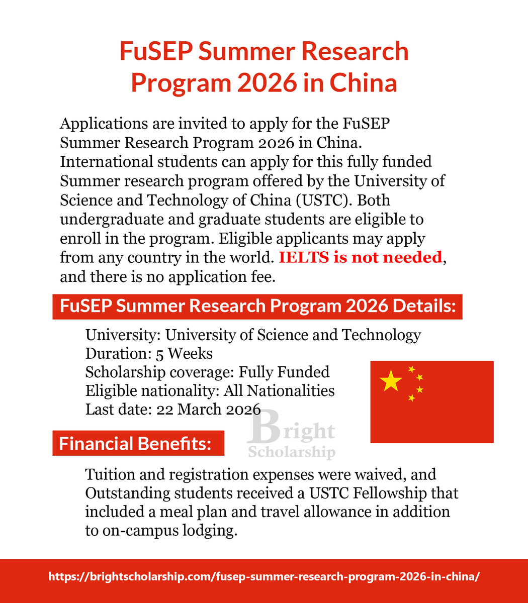 BrightSship's tweet image. FuSEP Summer Research Program 2026 in China (Fully Funded)

Duration: 5 Weeks
Eligible nationality: All Nationalities
Award country: China
Last date: 22 March 2026

Apply Link: brightscholarship.com/fusep-summer-r…

#BrightScholarship #FullyFunded #ResearchProgram #China
