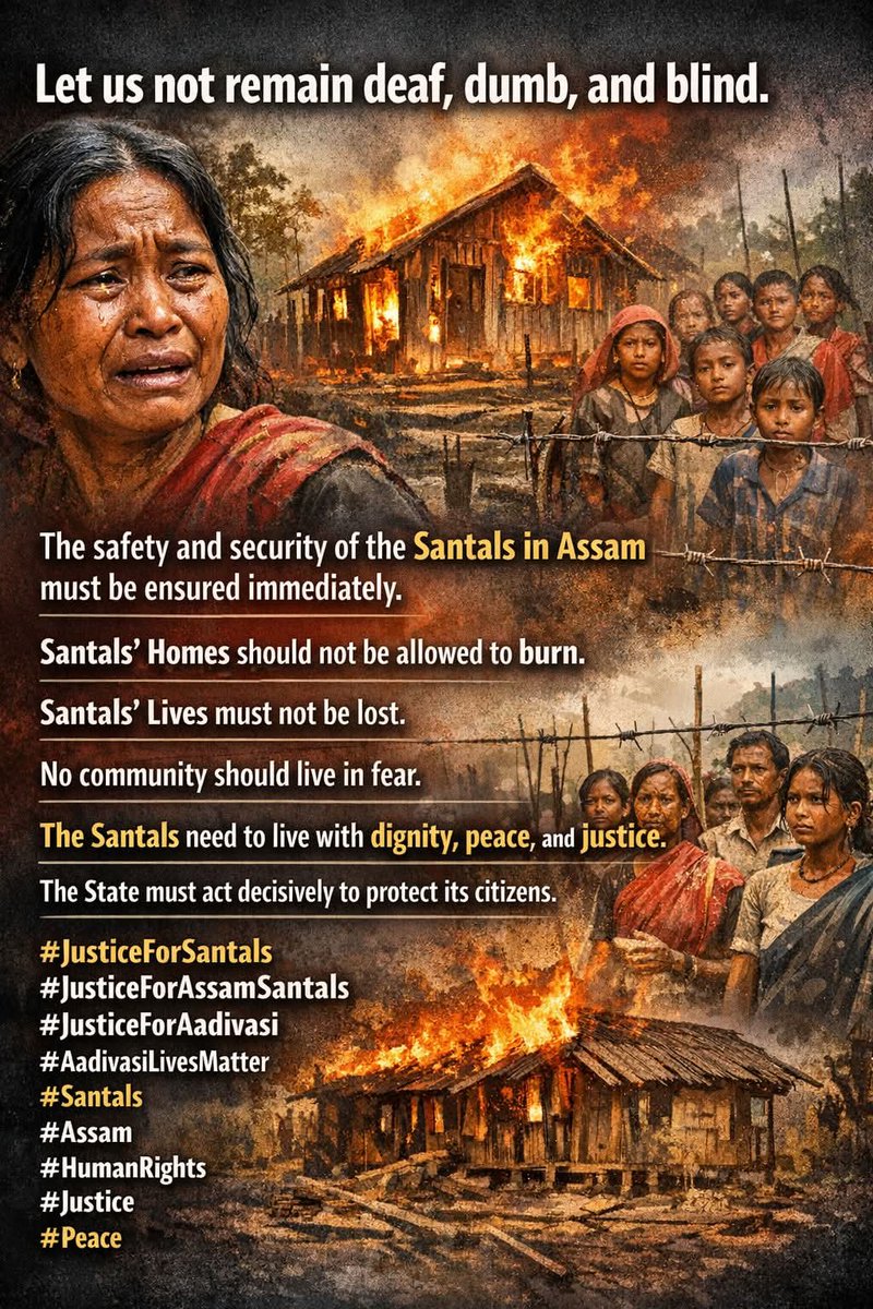 #JusticeForSantals
30 innocent Santali families are homeless and freezing in winter.
We demand ₹5 lakh compensation for each family, safe shelter, and justice.
<a href="/narendramodi/">Narendra Modi</a> <a href="/rashtrapatibhvn/">President of India</a>
#JusticeForAssamSantals
#JusticeForAadivasi
#AadivasiLivesMatter
#Santals
#HumanRights