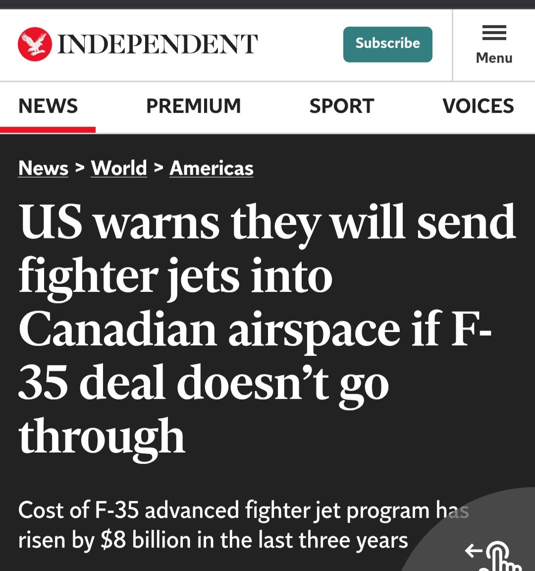 jcquantum's tweet photo. 🇨🇦takes 🇺🇸as a long lasting ally. But Canadians, ask yourself if 🇺🇸takes 🇨🇦the same.

US warns they will send fighter jets into Canadian airspace if F-35 deal doesn’t go through | The Independent https://t.co/Rtf7L30MNI https://t.co/MvzA34Bm2F