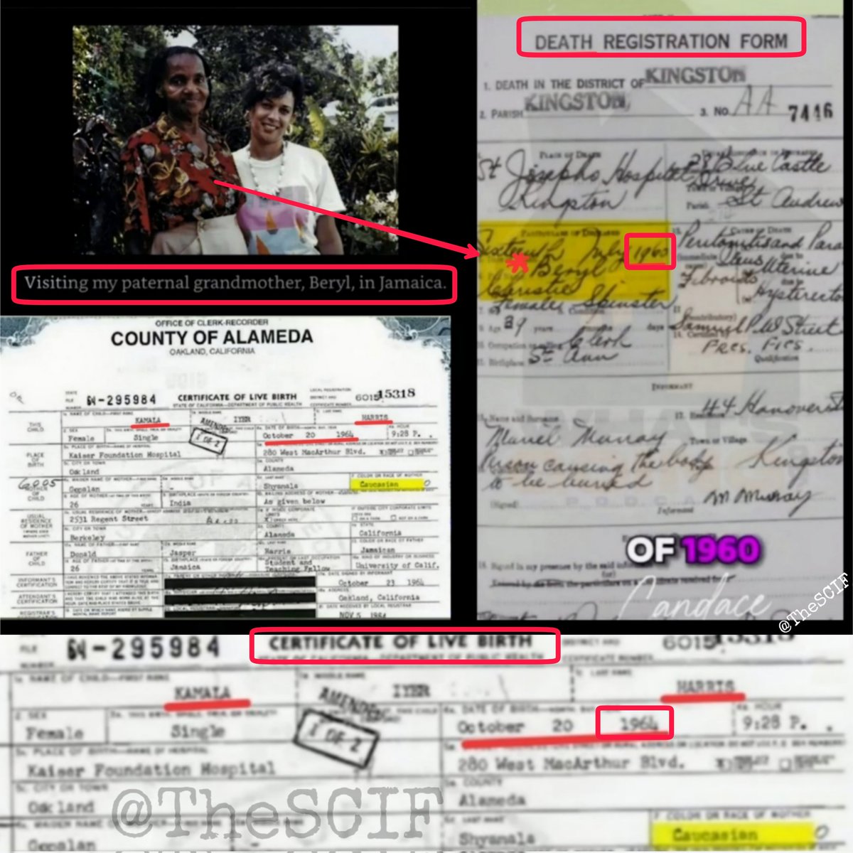 Remember when Kamala Harris told us that this lady in the picture below was her "grandmother Beryl," but birth and death certificates proved that she lied and that this picture is physically impossible because "Beryl" died in 1960 and Kamala wasn't even born until 1964. Who