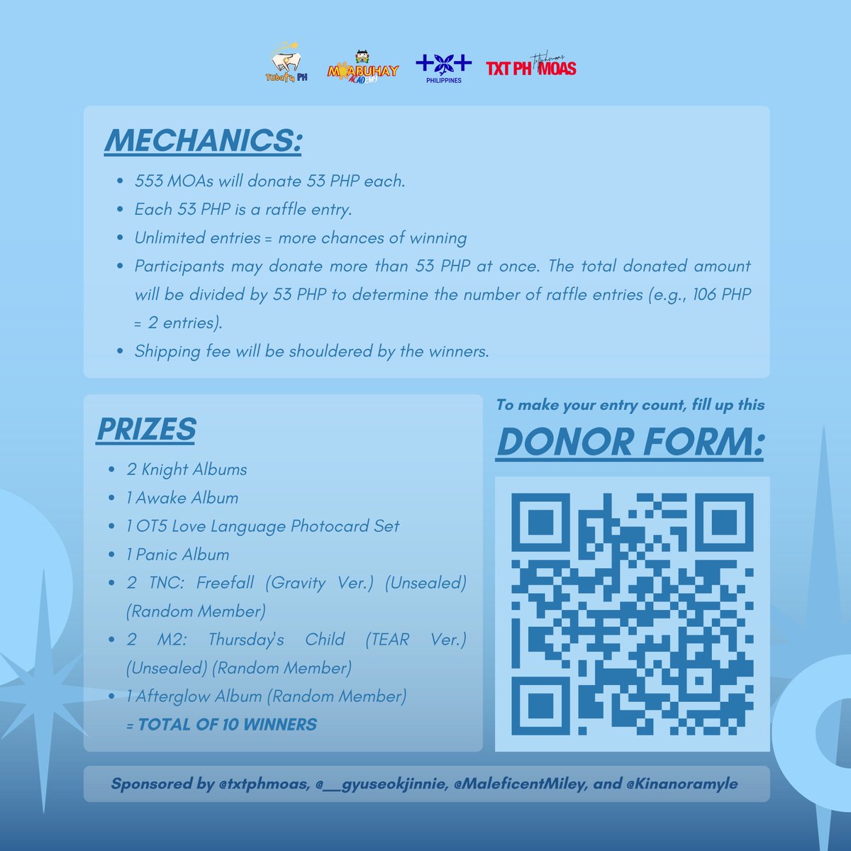 MOAbuhayAcademy's tweet photo. MOAs, let’s meet at 5:53? 👀

We are challenging 553 Filo MOAs to donate 53 PHP each to help reach our fund goals for ‘Wonders at 553’ Dunkin’ Fun Meet. Each 53 PHP is your raffle entry to win these good prizes sponsored by our very generous MOAs and good news, you can have unlimited entries! ✨

📋 Donor Form: https://t.co/XnpYd2jnpg

See more of the mechanics and prizes below! 👇