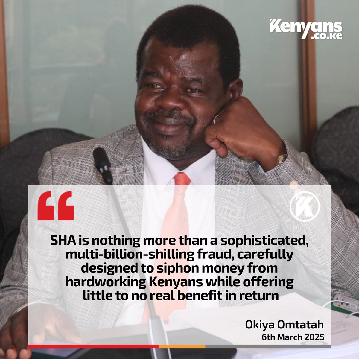 " SHA is nothing more than a sophisticated multi-billion shilling fraud, carefully designed to steal from Kenyans," Okiya Omtatah 

#RutoMustGoNow #DrainTheSwamp