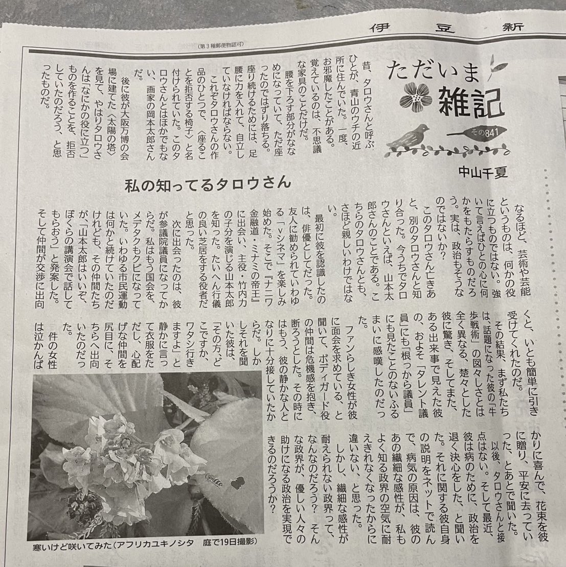 地元の新聞。

大好きな中山千夏さんが、大好きな山本太郎さんのことを書いて下さいました🫶

千夏さんの「ただいま雑記」が読みたくて新聞購読している方もいるんですよー。

#伊豆新聞
#中山千夏
#山本太郎