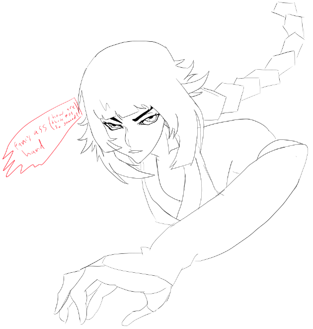 ShamboART's tweet photo. Learning to Draw Progress Report:
Drew Soi Fon using a reference I found on google, you can definitely tell this isnt an AI drawing because of how bad my hand is 💀 
I'm kinda getting stumped at what to do for practice, not sure if I'm improving or not, but ill trust the process! https://t.co/iS60dAJFoR