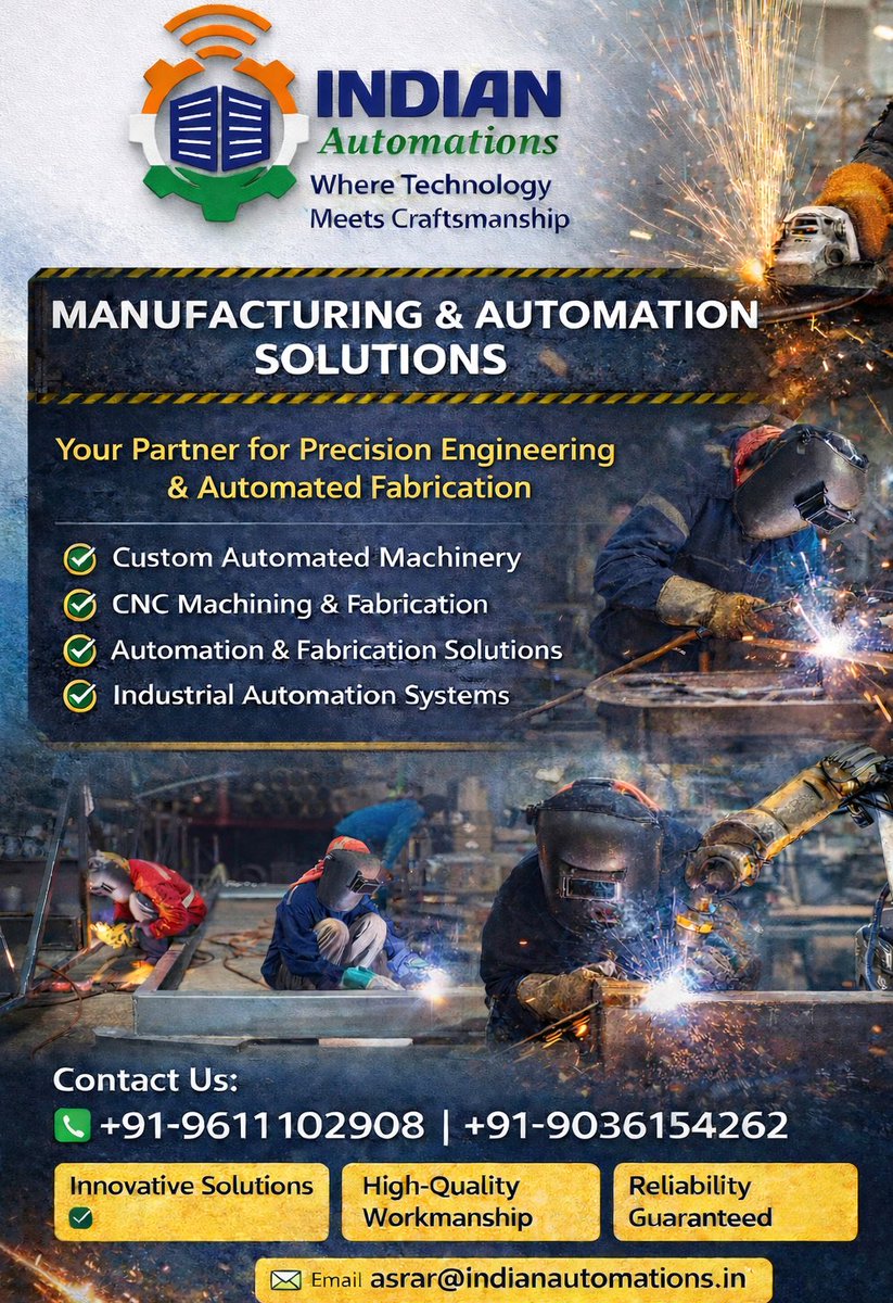 IndianAutoFab11's tweet photo. Precision fabrication. Strong structures. Reliable automation.

Indian Automations delivers fabrication &amp; structural work with quality, safety, and on-time delivery.

📞 +91-9611102908
📩 asrar@indianautomations.in
👉 Get a quote today

#Fabrication #StructuralWork #Automation https://t.co/KRKWG18nia