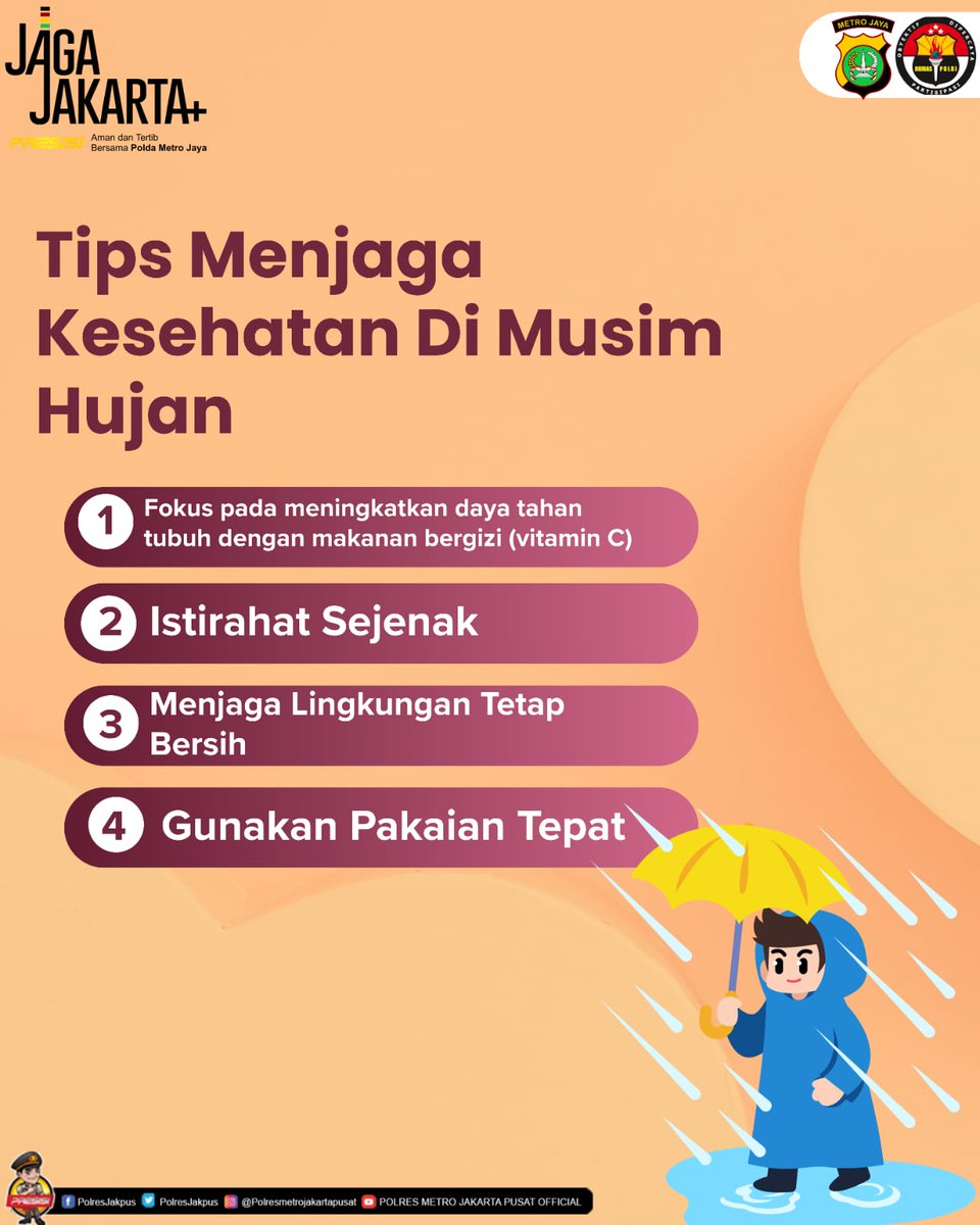 Di masa hujan, masyarakat diimbau menjaga kesehatan dan kebersihan lingkungan untuk mencegah penyakit.

#ImbauanKepolisian #MusimHujan #JagaKesehatan
#Kamtibmas #PolisiHadir #PeduliMasyarakat