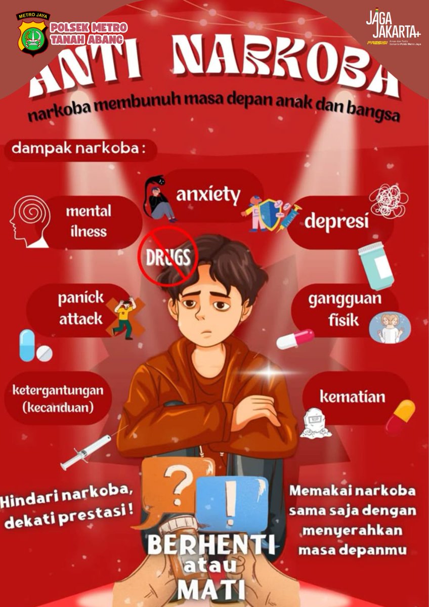 🚫 STOP NARKOBA! 🚫
Selamatkan Generasi Bangsa

Narkoba merusak masa depan, menghancurkan kesehatan, dan memicu tindak kriminal.
Jangan coba-coba, jangan tergoda, dan jangan biarkan narkoba masuk ke hidup kita.
