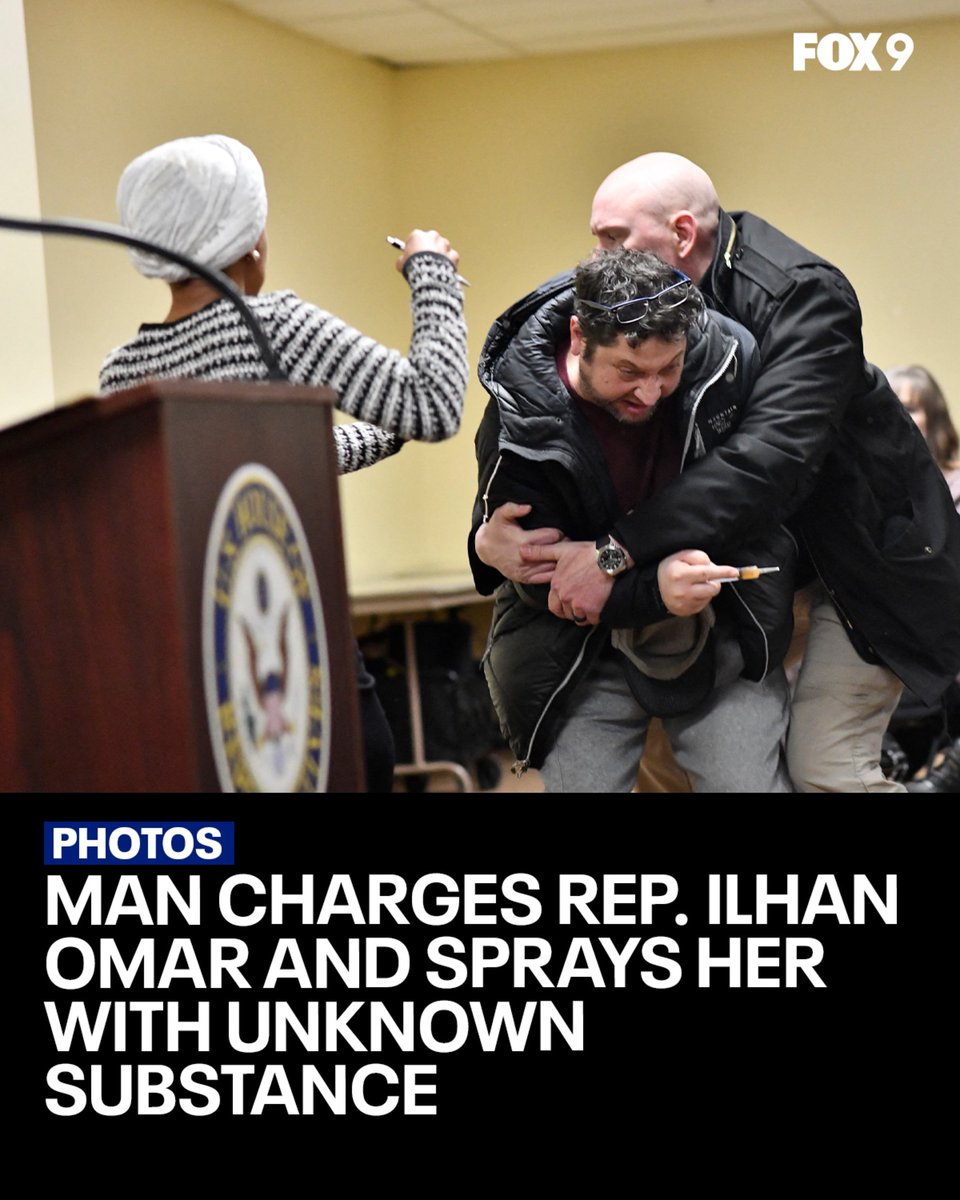 shomaristone's tweet image. TOWN HALL ATTACK: A man in the crowd charged at Rep. Ilhan Omar during a town hall in Minneapolis. You can hear the crowd saying the person also sprayed something at her: @fox5dc