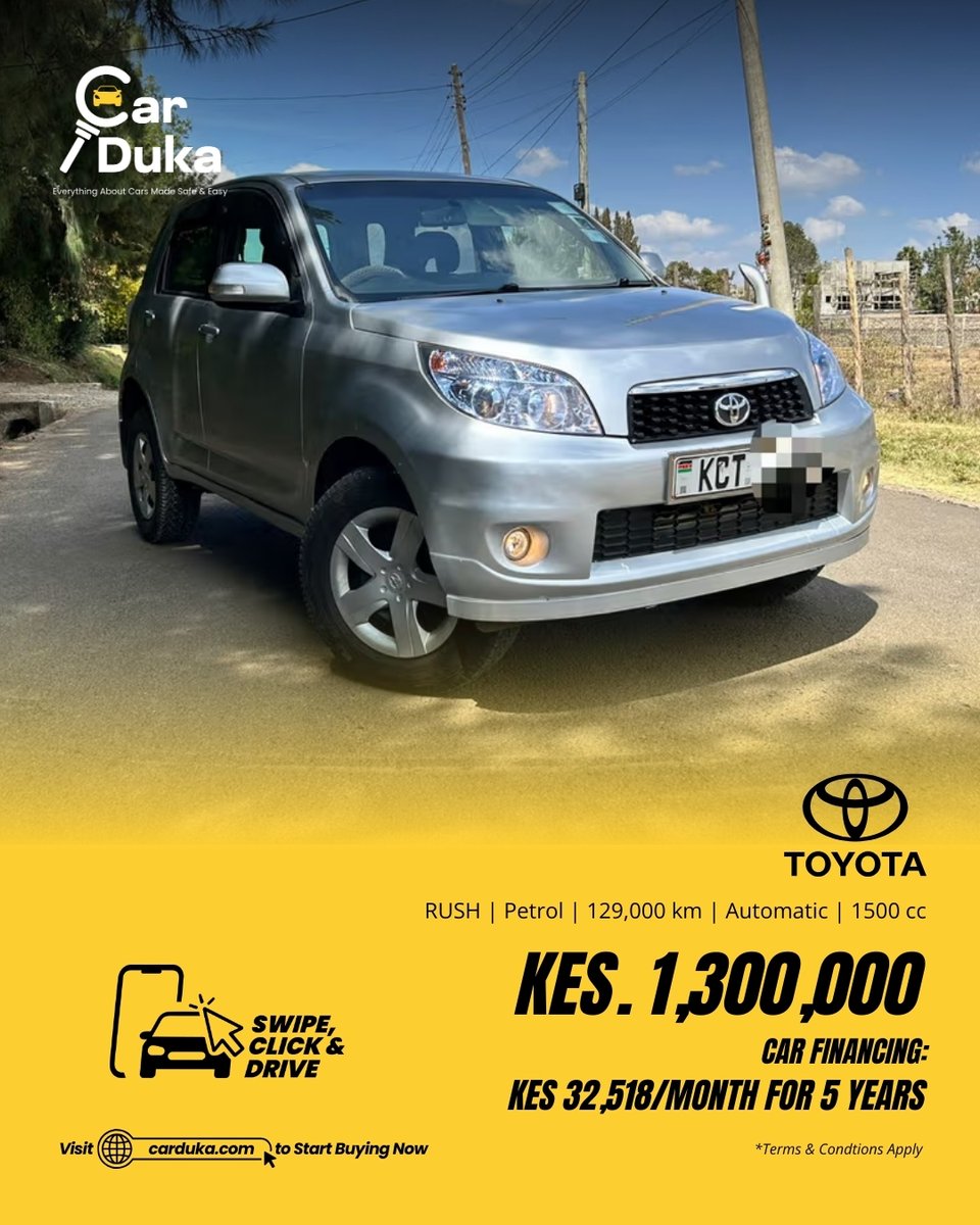 CarDukaKE's tweet photo. Compact, capable, and perfect for everyday adventures — the 2012 Toyota Rush is your go-anywhere SUV with style and reliability. 🚙✨

Features at a Glance
🔹 1.5L petrol engine with smooth automatic transmission
🔹 Spacious 5-seater layout with durable fabric seats
🔹 Rear-mounted spare tyre for that classic SUV look & practicality
🔹 Elevated ride height for confident city & weekend drives
🔹 Trusted Toyota reliability with low running costs

Price Options
💰 Cash: KES 1,300,000
💳 Finance: KES 32,518 per month for 5 years

📊 Specs | 129,000 kms | 1500 CC | Automatic | Petrol | Unregistered
Discover this versatile SUV on https://t.co/JiwJou1uEp or shop faster via the CarDuka App on Android & iOS.
#CarDuka #SwipeClickDrive #SwipeClickSell