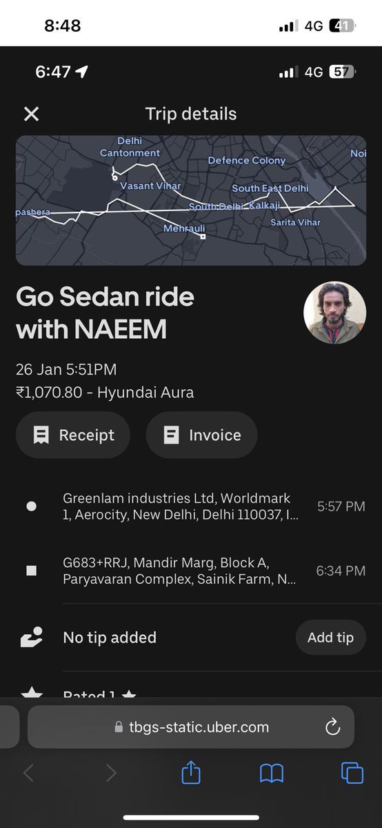 CA_SJain's tweet photo. @Uber_India @Uber_Support 
Overbilling alert.

Trip from Delhi T1 to Saket/Sainik Farm (~18 km) was billed as 78.6 km in 37 mins ( in Delhi) 🤯
UP toll added along with other unclear charges.
Clear system error. Request immediate refund &amp; correction.
Screenshots attached. https://t.co/3JYhWybx1L