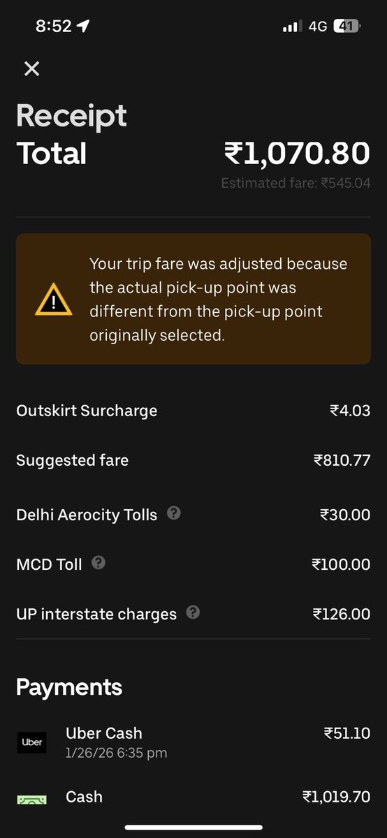 CA_SJain's tweet photo. @Uber_India @Uber_Support 
Overbilling alert.

Trip from Delhi T1 to Saket/Sainik Farm (~18 km) was billed as 78.6 km in 37 mins ( in Delhi) 🤯
UP toll added along with other unclear charges.
Clear system error. Request immediate refund &amp; correction.
Screenshots attached. https://t.co/3JYhWybx1L
