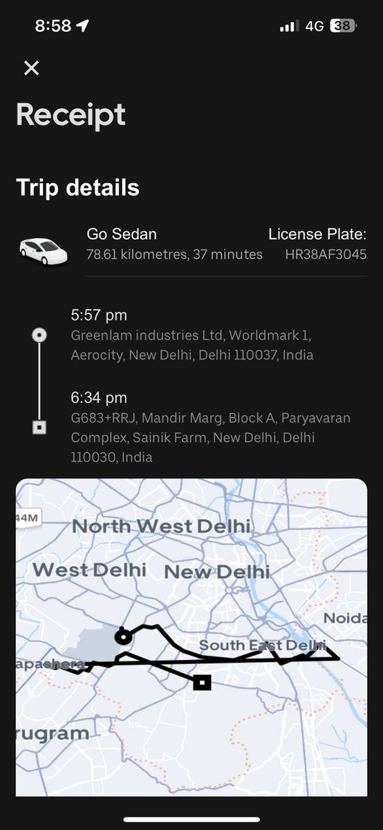 CA_SJain's tweet photo. @Uber_India @Uber_Support 
Overbilling alert.

Trip from Delhi T1 to Saket/Sainik Farm (~18 km) was billed as 78.6 km in 37 mins ( in Delhi) 🤯
UP toll added along with other unclear charges.
Clear system error. Request immediate refund &amp; correction.
Screenshots attached. https://t.co/3JYhWybx1L