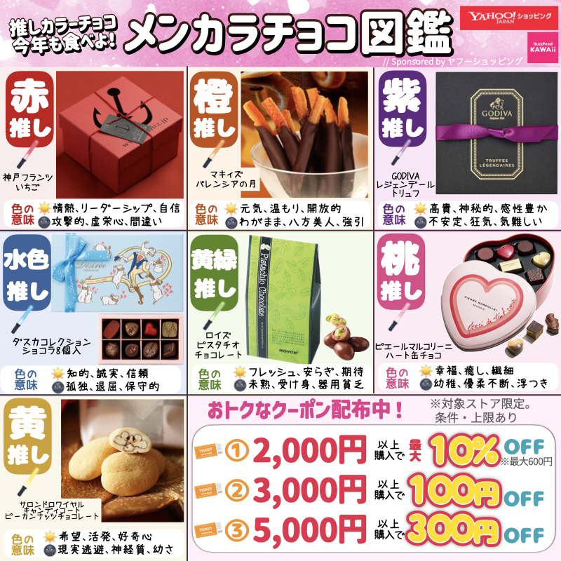 BuzzFeedKawaii's tweet photo. バレンタインは推し色チョコで美味しく推し活♡

カラー別おすすめチョコ＆色が持つ意味をまとめたよ🍫

推し色チョコの詳細は画像をタップ👇️

// Sponsored by ヤフーショッピング