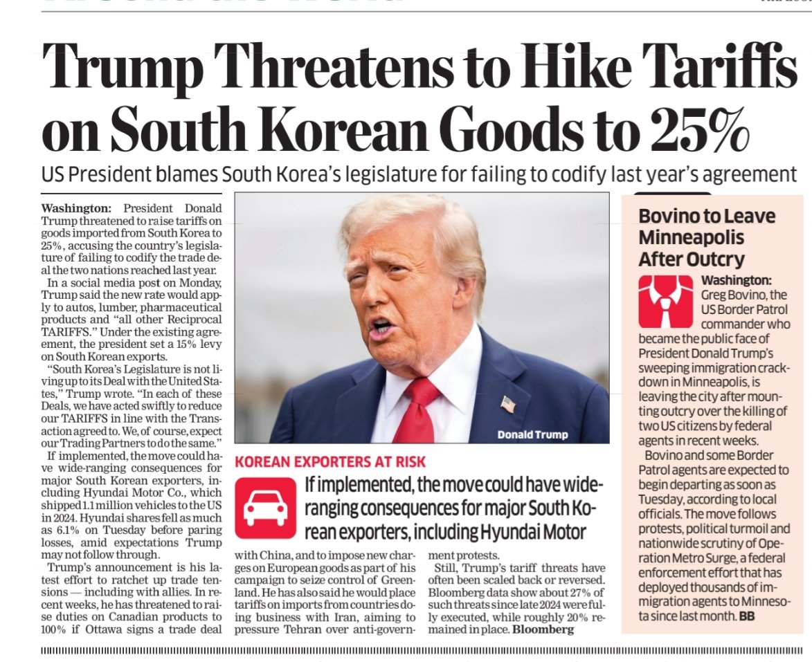 Brandonomic111's tweet photo. Trump threatens 25% tariffs on South Korean goods, reviving trade-war tensions. Exporters brace, markets flinch, and consumers may once again pick up the tab 📉🌍
#GHDUOEspecial2 #loveisland #GOLD #TrumpTariffs #TrendingNow #MarketUpdate https://t.co/fzBswRkpWP