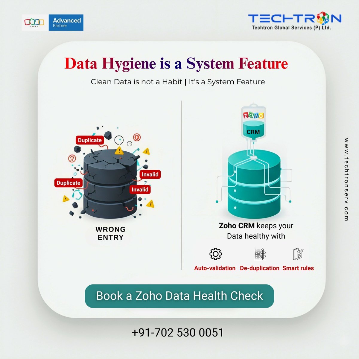 TechtronServic1's tweet photo. Data hygiene shouldn't be a habit you have to remember; it should be a feature of your system. Stop fighting duplicates and invalid entries manually.

Book a Data Health Check: +91-702 530 0051
#Zoho #DataScience #SaaS #BusinessGrowth https://t.co/LfNPjbPrsS