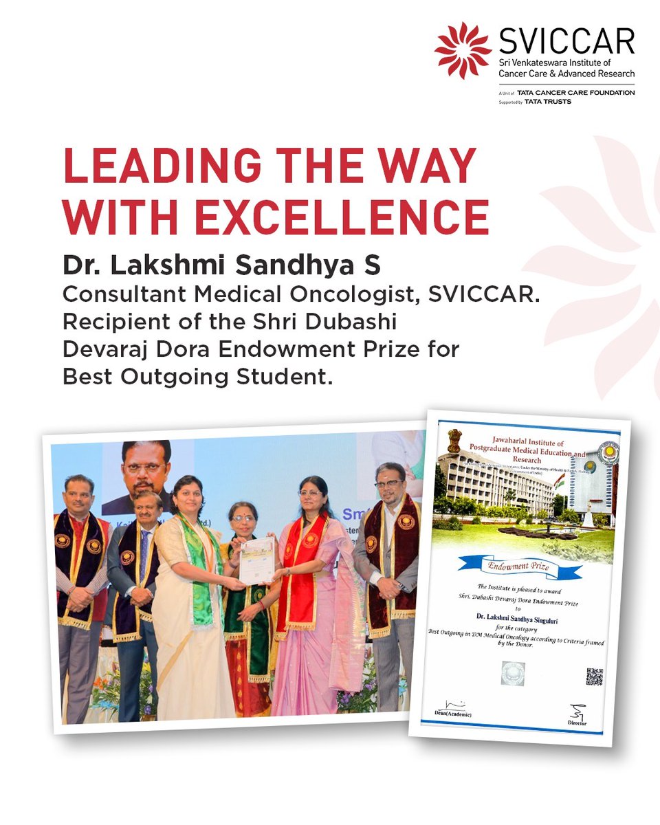 tatacancercare's tweet photo. We’re proud to celebrate Dr. Lakshmi Sandhya S, Consultant Medical Oncologist at SVICCAR, for winning the Shri Dubashi Devaraj Dora Endowment Prize for Best Outgoing Student in DM Medical Oncology at JIPMER, Puducherry. A true mark of excellence.

#MedicalExcellence #OncologyCare https://t.co/H2rUhAxZPA
