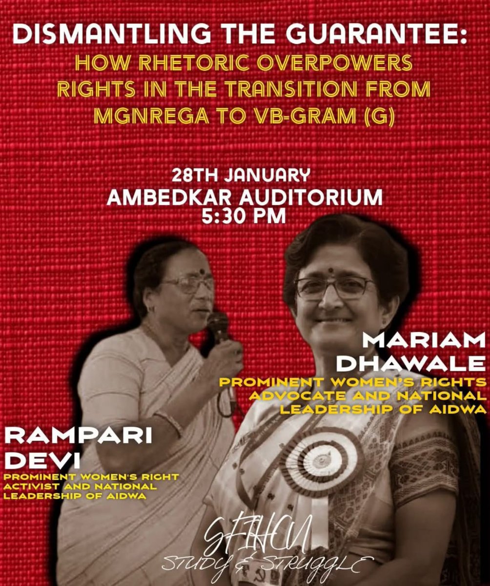 comraderampari's tweet photo. Today at Ambedkar Auditorium l HCU I  5:30 PM

Join us for a talk on Dismantling the Guarantee: How Rhetoric Overpowers Rights in the Transition from MGNREGA to VB-GRAM (G) https://t.co/kbhAgNNynw