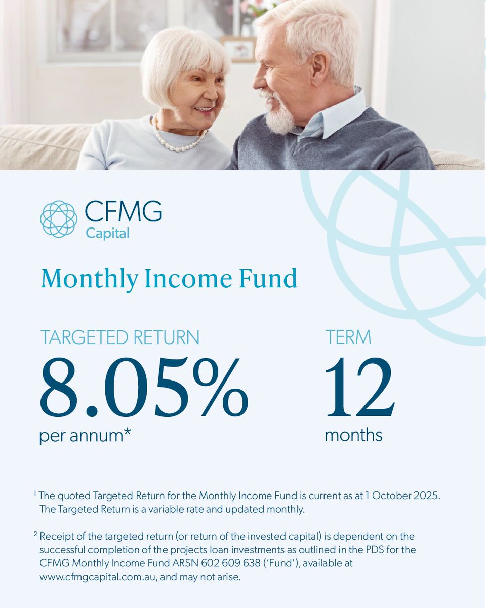 Our Monthly Income Fund offers a targeted return of 8.05% p.a. (net of all fees), with distributions paid monthly.

Find out more at cfmgcapital.com.au

#CFMGCapital #RealPeople
