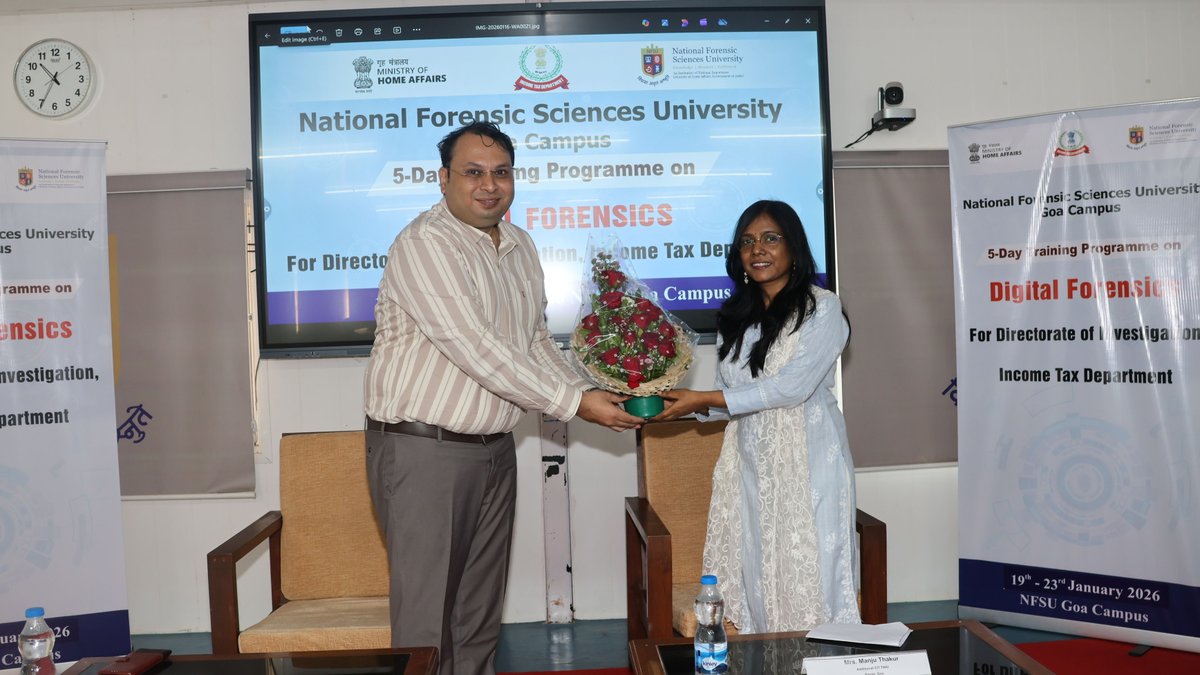 NFSU Goa Campus successfully concluded the 11th and final batch of the Five-Day Training Programme on “Digital Forensics for DGIT” (19th–23rd January 2026), training Income Tax officials in digital evidence acquisition, OSINT, mobile/cloud forensics, blockchain, cryptocurrency,