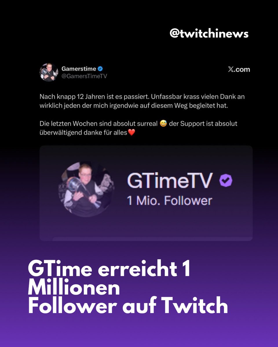 twitchinews's tweet photo. GTime (@GamersTimeTV) hat 1 Millionen Follower auf Twitch erreicht
#GTime #Twitch https://t.co/sKzW1KiMhU