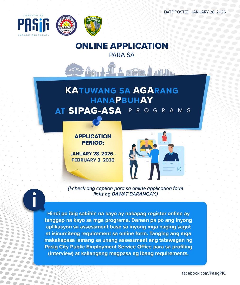 bsapasig's tweet photo. ONLINE APPLICATION ONGOING para sa KAAGAPAY at SIPAG-ASA Programs! 📣 Para sa mga @bsapasig residents na naghahanap ng trabaho, maaaring mag-apply sa https://t.co/UGs2SX5wDr ✅

#JobOpportunities #EmploymentPrograms https://t.co/cmVAoXUiHL
