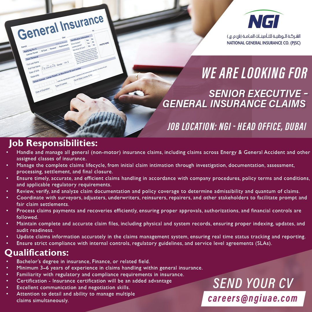 We are looking for a Senior Executive – General Insurance Claims
Location: NGI Head Office, Dubai

Send your CV to:
careers@ngiuae.com

#uaejobs #jobsinuae #gulfjobs #recruitment #dubai #NGI #nationalgeneralinsurance #careers #insurance #hiring #insurancejobs #jobseekers