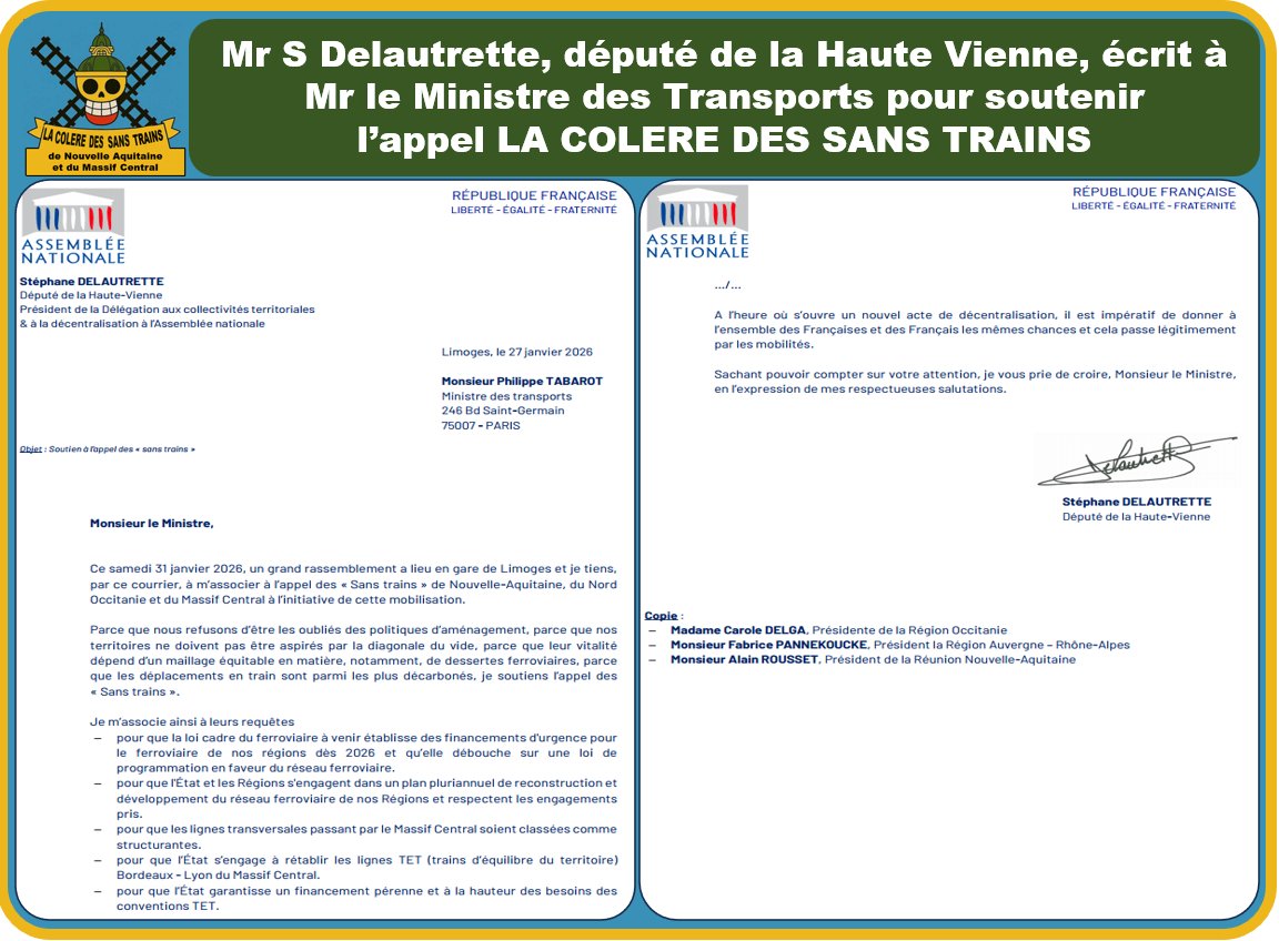 👏🤝👍Merci au Député de la Haute Vienne, Stéphane Delautrette, pour avoir écrit au Ministre des Transports et ainsi relayer les revendications du collectif LA COLERE DES SANS TRAINS.👏🤝👍

ℹ️Plus d'infos: fb.me/e/6Cf3Gpang

#AngouLim #coleredessansrail
