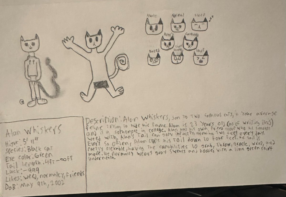 SansetSmokes's tweet photo. Updated character sheet. To those that can read the description. First off, congrats for reading my hand writing. Secondly, you’ll get so information on him. If too many people can’t read it, I’ll write a post saying what it says. https://t.co/gJZwsXV8LK