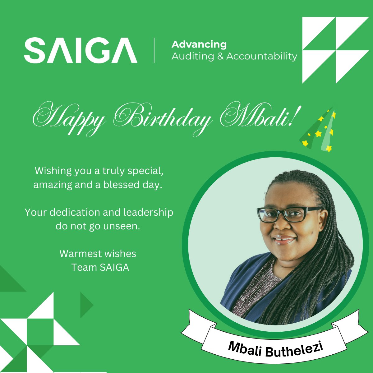 Happy birthday to our CEO, Mbali! 💚
Wishing you a truly special, amazing and a blessed day.

Your dedication and leadership do not go unseen. 

Warmest wishes
Team SAIGA