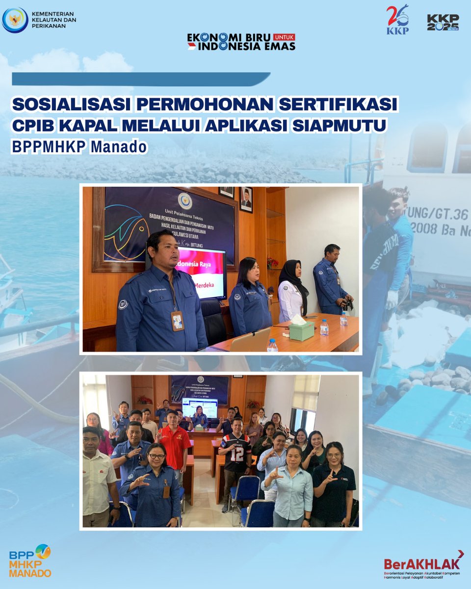 BPPMHKP_Manado's tweet photo. Rabu (28/01) Sosialisasi Permohonan Sertifikasi CPIB Kapal Melaui Aplikasi SIAPMUTU.

Halo #SahabatBahari
Balai PPMHKP Manado telah melaksanakan kegiatan sosialisasi Permohonan Sertifikasi Cara Penanganan Ikan yang Baik (CPIB) di atas Kapal melalui Aplikasi SIAPMUTU. https://t.co/omu17FXClU