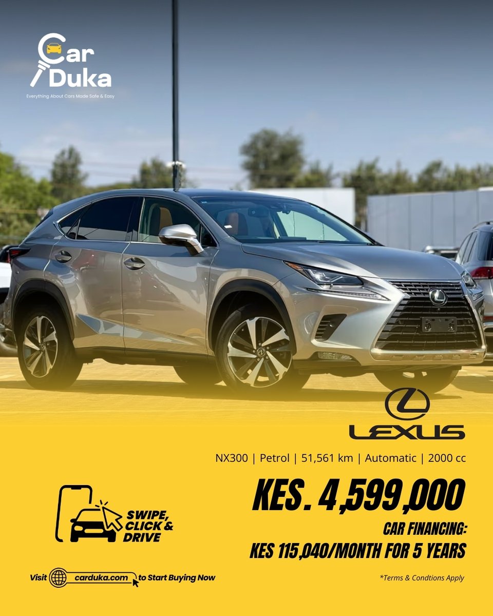 CarDukaKE's tweet photo. Luxury, performance, and advanced tech — the 2018 Lexus NX300 is the ultimate compact SUV for style and comfort. ✨🚘

Features at a Glance
🔹 2.0L turbo petrol engine with smooth 6-speed automatic transmission ⚡
🔹 Premium leather seats with heated, cooled, and memory functions 🛋️
🔹 360° view camera, powered liftgate & parking sensors for effortless parking 🅿️
🔹 Heads-Up Display, Lane Keeping & Departure Assist, Pre-Collision Safety 🛡️
🔹 Panoramic moonroof & ergonomic heated steering for a refined drive 🌙

Price Options
💰 Cash: KES 4,599,000
💳 Finance: KES 115,040 per month for 5 years

📊 Specs | 51,561 kms | 2000 CC | Automatic | Petrol | Unregistered
Discover this premium SUV on https://t.co/JiwJou1uEp or shop faster via the CarDuka App on Android & iOS.
#CarDuka #SwipeClickDrive #SwipeClickSell