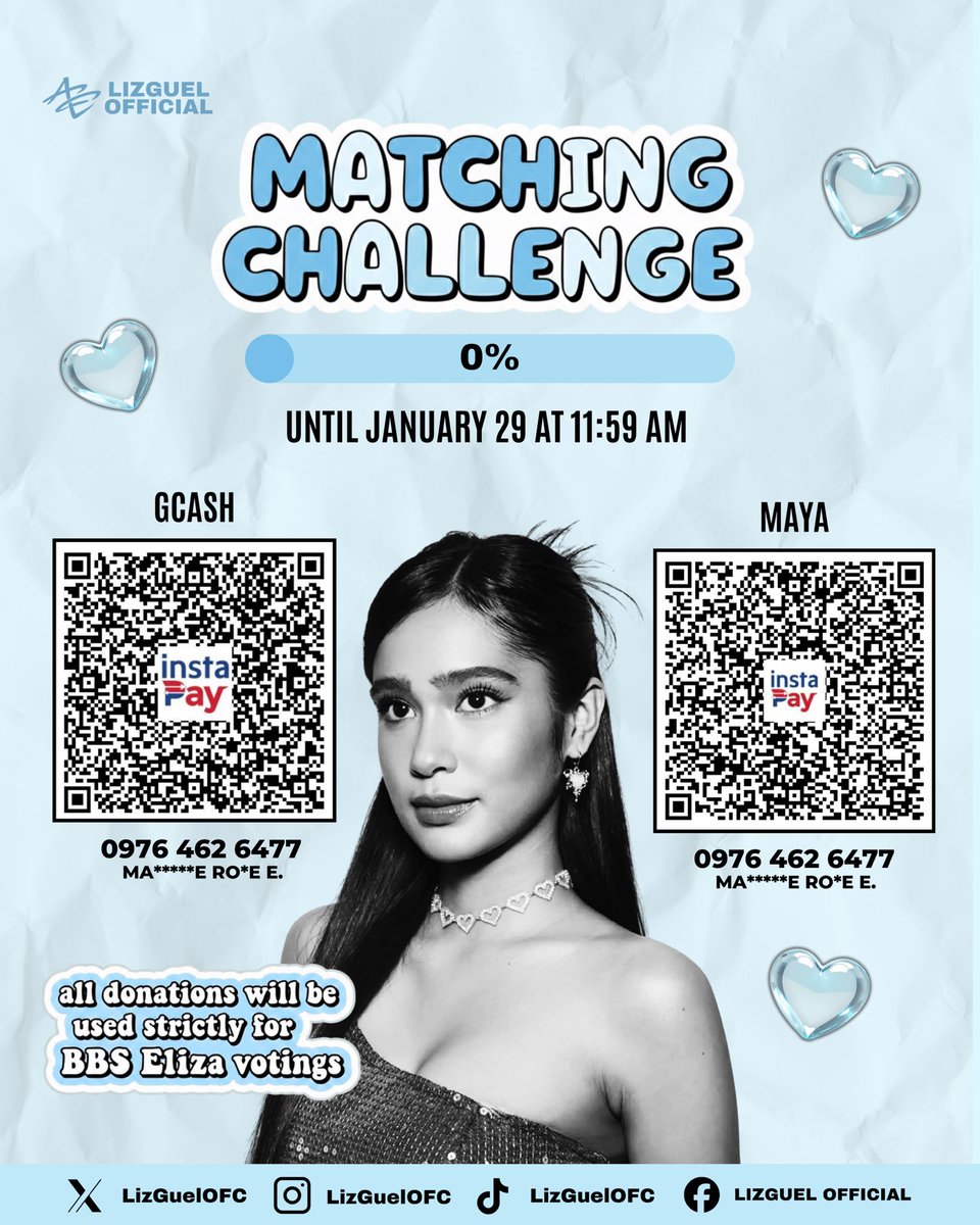 LizGuelOFC's tweet photo. 𝐌𝐀𝐓𝐂𝐇𝐈𝐍𝐆 𝐂𝐇𝐀𝐋𝐋𝐄𝐍𝐆𝐄

A generous sponsor has pledged to donate an amount, but we can only receive it once we match it. The matching challenge runs until January 29, 11:59 PM. 

Every donation brings us closer to our goal, and the progress bar will show how much more we need. 𝐀𝐥𝐥 𝐜𝐨𝐧𝐭𝐫𝐢𝐛𝐮𝐭𝐢𝐨𝐧𝐬 𝐰𝐢𝐥𝐥 𝐠𝐨 𝐞𝐱𝐜𝐥𝐮𝐬𝐢𝐯𝐞𝐥𝐲 𝐭𝐨 𝐁𝐁𝐒 𝐄𝐥𝐢𝐳𝐚 𝐯𝐨𝐭𝐢𝐧𝐠𝐬.

If you’d like to know the pledged amount and help us match it, feel free to send us a DM. Thank you so much, Blushies, for your support! 🩵

BBS ELIZA
#LizGuel | #ElizaBorromeo #MiguelVergara