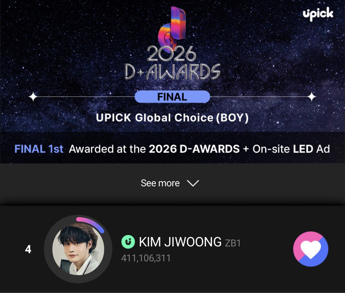 [UPICK] D AWARDS GLOBAL CHOICE (BOY) - D-1 🚨

Woongdeongies &amp; Zeroses,

‼️ ONLY 24 HOURS LEFT for the U PICK poll for D Awards ‼️ Please keep creating multiple accounts, keep collecting jams by watching ads &amp; follow the daily to-do list below. 

Current ranking: #4
🎯 Top 1🥇
🔚