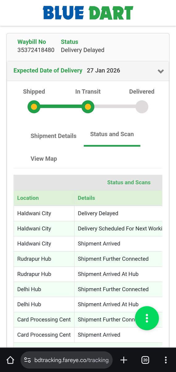 ur7hell's tweet photo. @BlueDartCares @BlueDart_  I don't know where to start but how pathetic service by @BlueDart_ 24 Jan 2026 it's already in my city hub but they delay till today, yesterday I had a call with them at haldwani hub &amp; without listen me fully they cut they call, what should customer do? https://t.co/9t2NKbuy2A