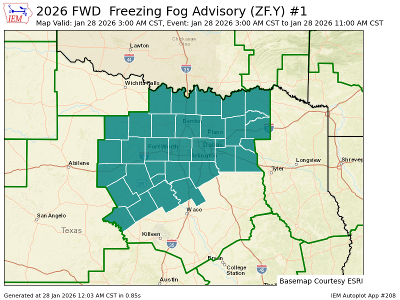 DFWWeatherbot's tweet image. FWD issues Freezing Fog Advisory valid at Jan 28, 3:00 AM CST till Jan 28, 11:00 AM CST mesonet.agron.iastate.edu/vtec/f/2026-O-…