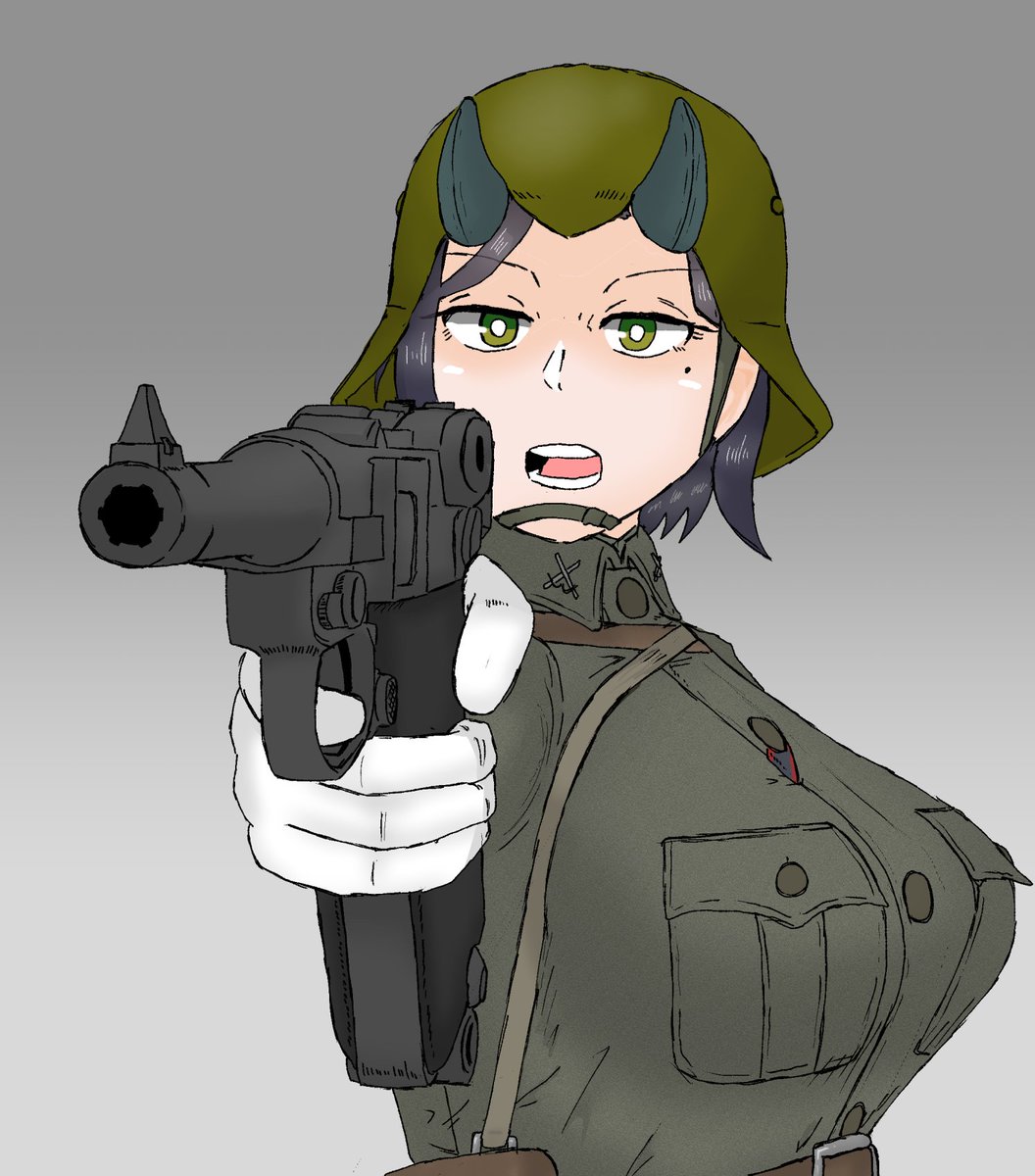 「鬼軍ヘッドギアシリーズ。 兵隊には鉄帽が一番良いのだろうが、作画コストの関係で無」|矢舷陸宏＠Skeb募集のイラスト