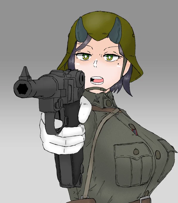 鬼軍ヘッドギアシリーズ。 兵隊には鉄帽が一番良いのだろうが、作画コストの関係で無帽か、略帽(二枚目)にしがち。